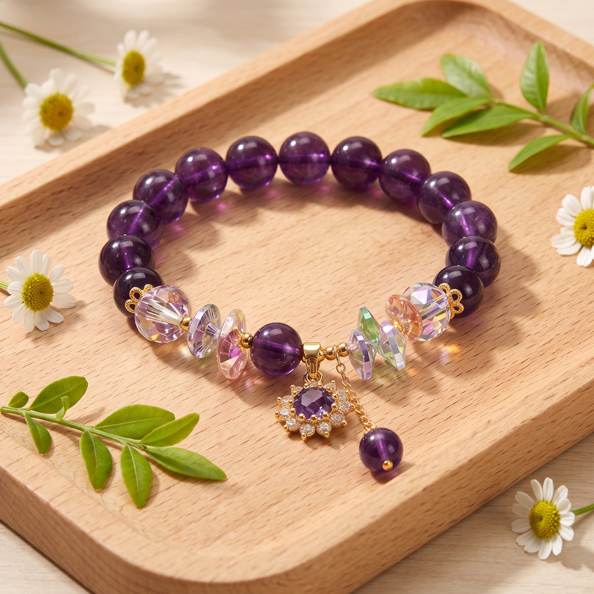 Purple amethyst bracelet on a wooden tray surrounded by white daisies and green leaves.