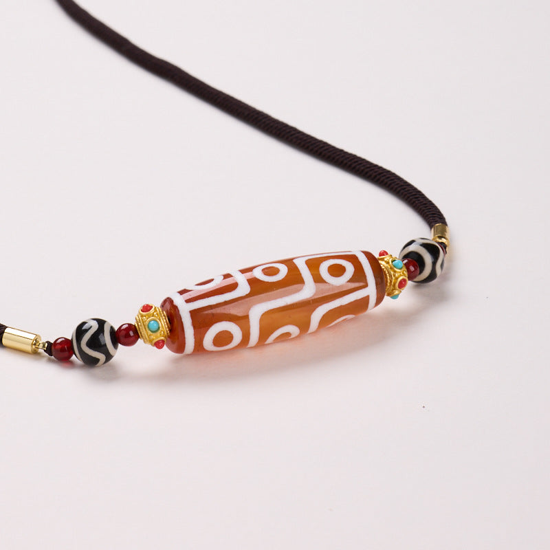 Tibetan Nine-Eye Dzi Bead Necklace – Protection & Abundance Talisman Pendant, Red Agate with Turquoise Gold Accents, Spiritual Jewelry Gift for Men & Women