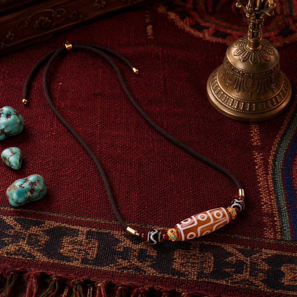 Tibetan Nine-Eye Dzi Bead Necklace – Protection & Abundance Talisman Pendant, Red Agate with Turquoise Gold Accents, Spiritual Jewelry Gift for Men & Women