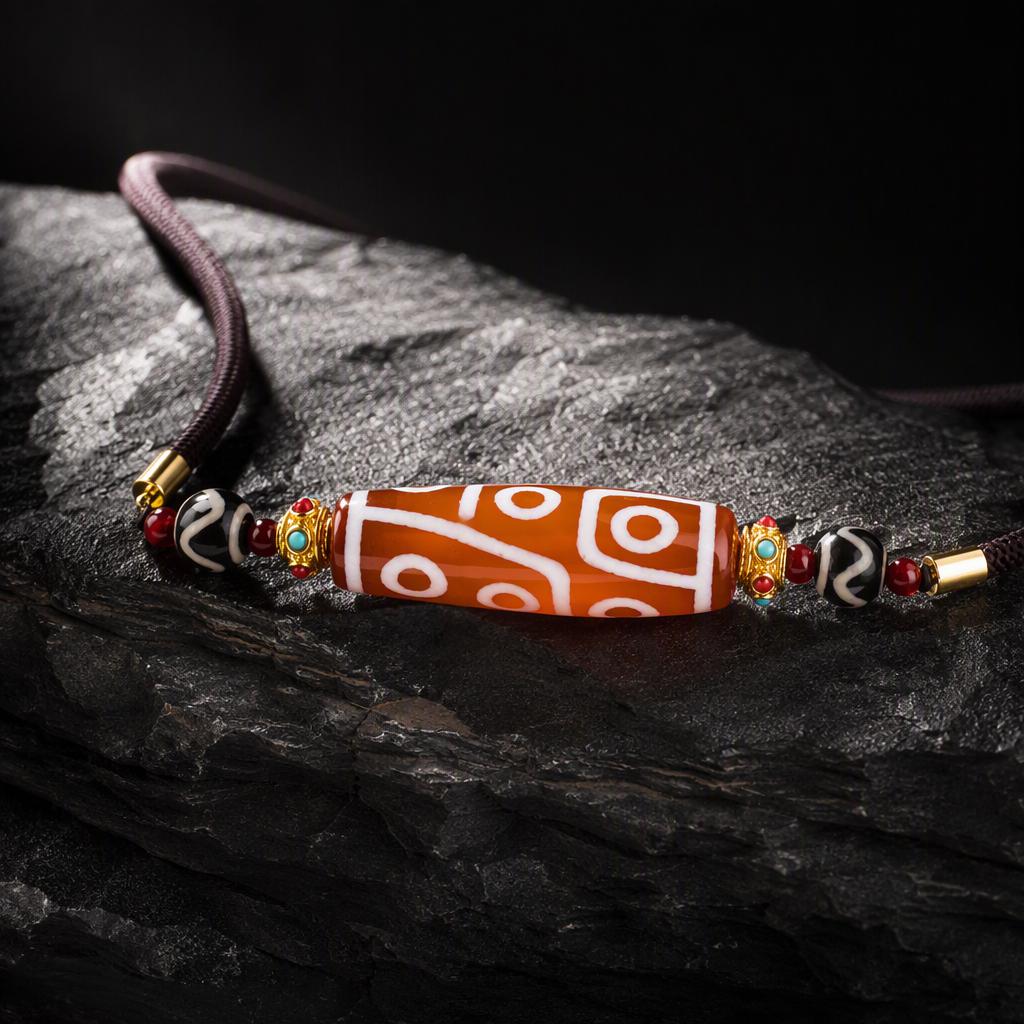 Tibetan Nine-Eye Dzi Bead Necklace – Protection & Abundance Talisman Pendant, Red Agate with Turquoise Gold Accents, Spiritual Jewelry Gift for Men & Women